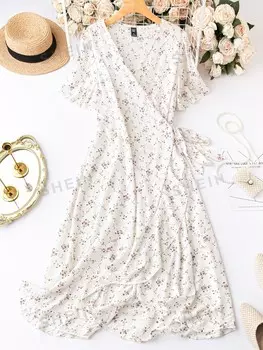 Платье Clasi Plus с кулиской на талии Мелкий цветочный узор, рукава-бабочки Shein, белый