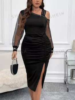 Платье Clasi Plus с сеткой, асимметричным воротником, складками и высоким разрезом Shein, черный