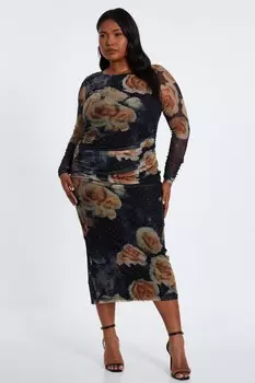 Платье Curve Black Floral Mesh Midaxi Dress QUIZ Clothing
