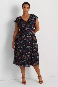 Платье Curve со складками с цветочным принтом и поясом из жоржета Lauren Ralph Lauren, синий