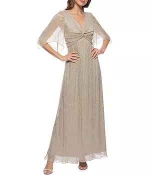 Платье цвета металлик Marina с трепещущими рукавами 3/4 и V-образным вырезом с узлом спереди, золотой