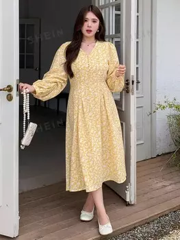 Платье Dazy Petite Plus с V-образным вырезом, Длинные рукава, длина до щиколотки, мелкий цветочный узор, Однотонный винтажный стиль Dazy, шампанское