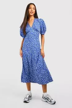 Платье ditsy с цветочным рукавом Boohoo, кобальтовый