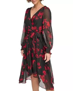 Платье DKNY Long Balloon Sleeve with Wrap Skirt, цвет Black/Scarlet