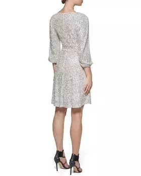 Платье DKNY Long Sleeve Sequin Surplice Faux Wrap, серебряный