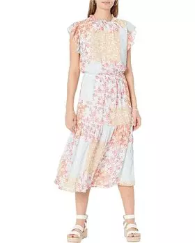Платье DKNY Mock Neck Ruffled, цвет Ditsy Patchwork 7816/Sky Blue/Khaki Multi