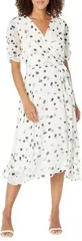 Платье DKNY Ruched Sleeve V-Neck Faux Wrap, цвет Multi Dot 7744/Ivory Multi