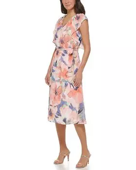 Платье DKNY Ruffle Sleeve V-Neck Midi Dress, цвет Sunkist Coral/Spring Navy Multi