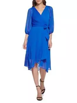 Платье DKNY с объемными рукавами и искусственным запахом, голубой