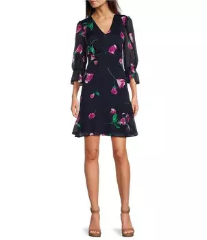 Платье DKNY с v-образным вырезом и рюшами на рукавах 3/4 с цветочным принтом, синий