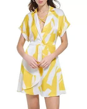 Платье DKNY Short Sleeve Printed Collared Midi, цвет White/Pop Yellow Multi