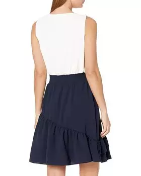 Платье DKNY Sleeveless V-Neck Smocked Waist Ruffled Dress, цвет Ivory/Spring Navy