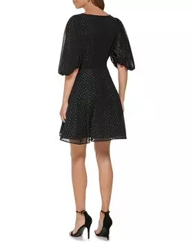 Платье DKNY V-Neck Fit-and-Flare Dress with Balloon Sleeve, черный/серебряный