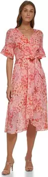 Платье DKNY V-Neck Triple Ruffle Sleeve Faux Wrap Dress, цвет Light Sunkist Coral Multi