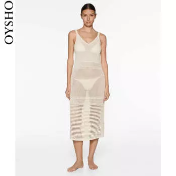 Платье длинное Oysho с v-образным вырезом, светло-коричневый