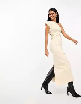 Платье длиной до икры на одно плечо с рюшами по бокам ASOS каменно-бежевого цвета