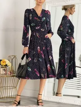 Платье длиной до колена из джерси с перьями Jolie Moi Harper, Темно-синий/Мульти