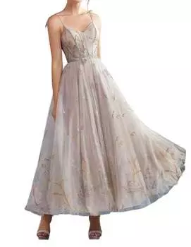 Платье длиной до пола с вышивкой «Озерные птицы» в цвете Nude Andrea & Leo Couture