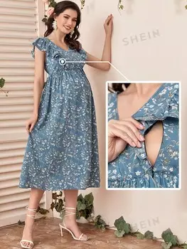 Платье для беременных, цветочный узор, оборки по краям, молния сбоку, для кормления Shein, мультиколор