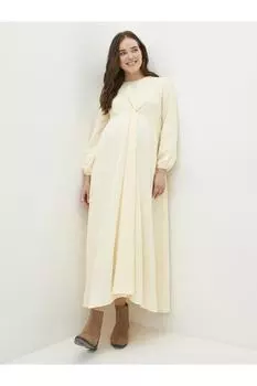 Платье для беременных из поплина с круглым вырезом и сборкой с длинными рукавами и узором LC Waikiki, экрю