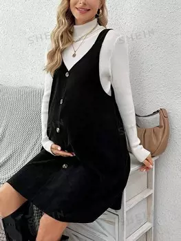 Платье для беременных Юбка-комбинезон Пуговицы спереди, вельвет, без свитера Shein, черный