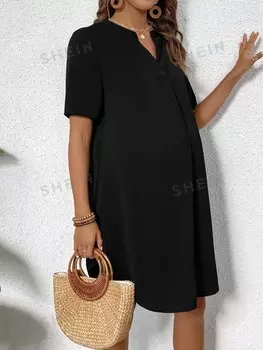 Платье для беременных, острый воротник, короткие рукава, с разрезом Shein, черный