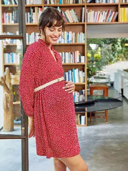 Платье для беременных с длинными рукавами и узором на бретелях с V-образным вырезом и оборками LC Waikiki Maternity