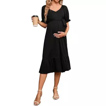Платье для беременных с круглым вырезом и V-образным вырезом с короткими рукавами, платья миди для беременной женщины Clearlove, черный