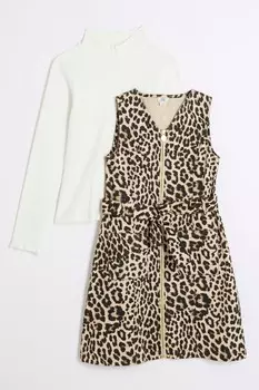 Платье для девочек бежевого цвета с животным поясом и пини River Island, коричневый