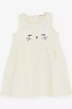 Платье для девочек, расшитое пайетками, кремовое с принтом милого котенка (1,5–5 лет) Breeze