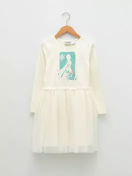 Платье для девочек с длинными рукавами и принтом Эльзы с круглым вырезом LCW Kids