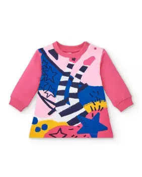 Платье для девочки цвета фуксии с разноцветным принтом спереди Tuc tuc