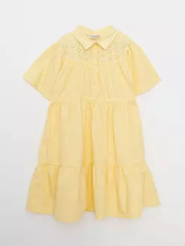 Платье для девочки из поплина с короткими рукавами и вырезом-рубашкой с зубчатым воротником LCW Kids
