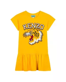 Платье для девочки с короткими рукавами из 100% хлопка Kenzo Kids, желтый