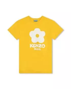 Платье для девочки с короткими рукавами и рисунком спереди Kenzo Kids, желтый