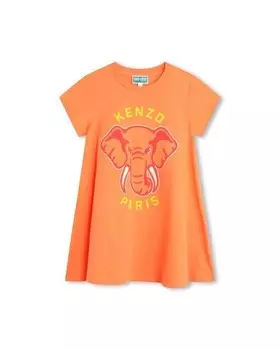 Платье для девочки с короткими рукавами и рисунком спереди Kenzo Kids, оранжевый