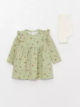 Платье для девочки с круглым вырезом, длинными рукавами и колготками, комплект из 2 штук LCW baby, светло-зеленый с принтом