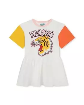 Платье для девочки с рисунком спереди и контрастными рукавами Kenzo Kids, белый