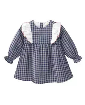 Платье для девочки сине-серого цвета виши с контрастными рюшами Dadati, темно-синий