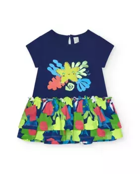 Платье для девочки синего цвета с желтой звездой и юбкой с цветочным принтом Tuc tuc, тёмно-синий