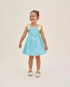 Платье для девочки в бирюзовый цвет в клетку и желтые банты Dadati