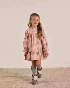 Платье для девочки в двухцветную клетку и белую клетку с длинными рукавами-фонариками Dadati, розовый