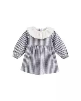 Платье для девочки в сине-белую клетку в клетку с белым воротником с рюшами Dadati