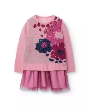 Платье для девочки в сочетании с цветами и юбкой из фатина Boboli, розовый