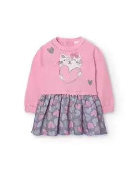 Платье для девочки в сочетании с рисунком спереди и юбкой с принтом Boboli, розовый