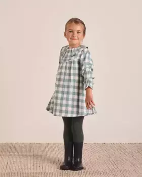 Платье для девочки в водную зеленую и белую клетку в клетку с воротником с рюшами Dadati