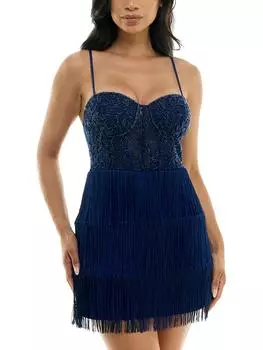 Платье для коктейля и вечеринки с сеткой и бахромой для юниоров B. Darlin, темно-синий