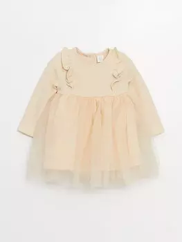 Платье для маленьких девочек с круглым вырезом и длинными рукавами LCW baby, светло-бежевый