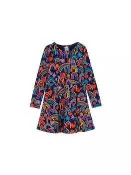 Платье для маленьких девочек с круглым вырезом и длинными рукавами Lovetti, темно-синий с принтом