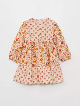 Платье для маленьких девочек с круглым вырезом и длинными рукавами с цветочным узором LCW baby, экрю с принтом